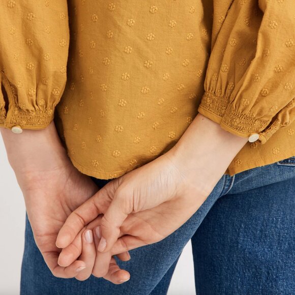 Madewell Yellow Floral Embroidered Smocked-Neck Raglan Balloon Sleeve Women's M - Picture 14 of 15